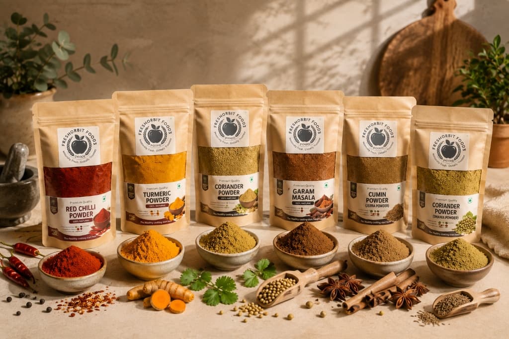 FreshOrbit Red Chilli, Turmeric, Coriander, Garam Masala, Cumin and Dhania pouches with bowls of whole spices